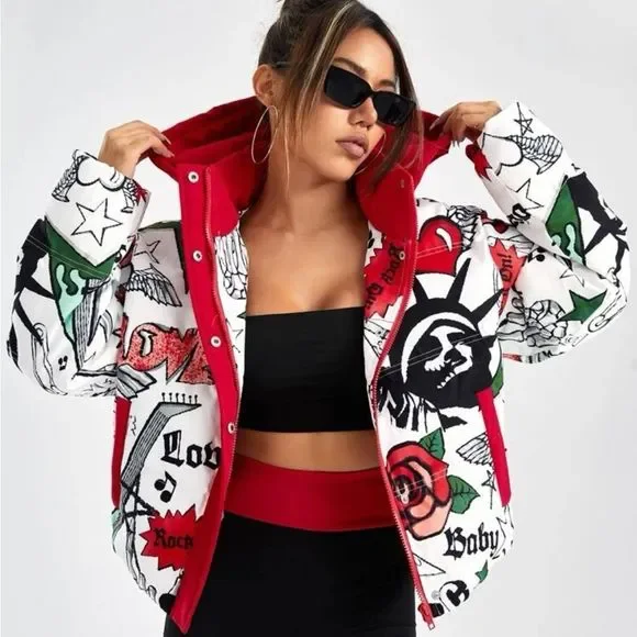 NWT Stylish Graphic Winter Puffer Jacket - Picture 8 of 16